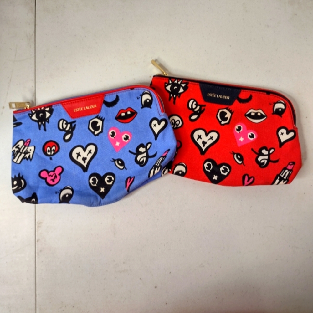 Estee Lauder Quentin Jones Cosmetic Makeup Bags 1 Red 1 Blue Print (P2).